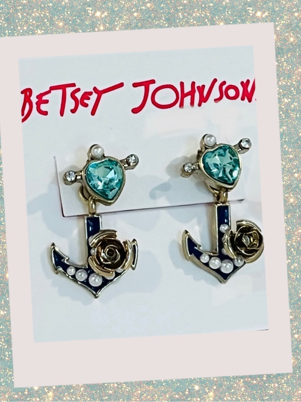 Betsey Johnson Earrings Anchor Nautical Front & Back Pearl Enamel NWT